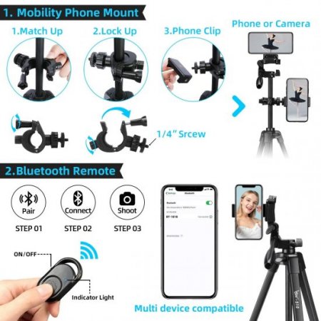 55 inches Camera Tripod Extendable Travel Tripod for Phone Adjustable Phone Holder for Video Recording Music Stand Projector Tripod