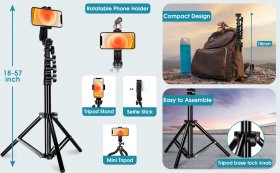 Selfie Stick Tripod with Removable Wireless Bluetooth Remote Shutter Compatible Cell Phone holder with iPhone